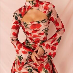 House of CB Red and Pink Floral Long Sleeve Dress